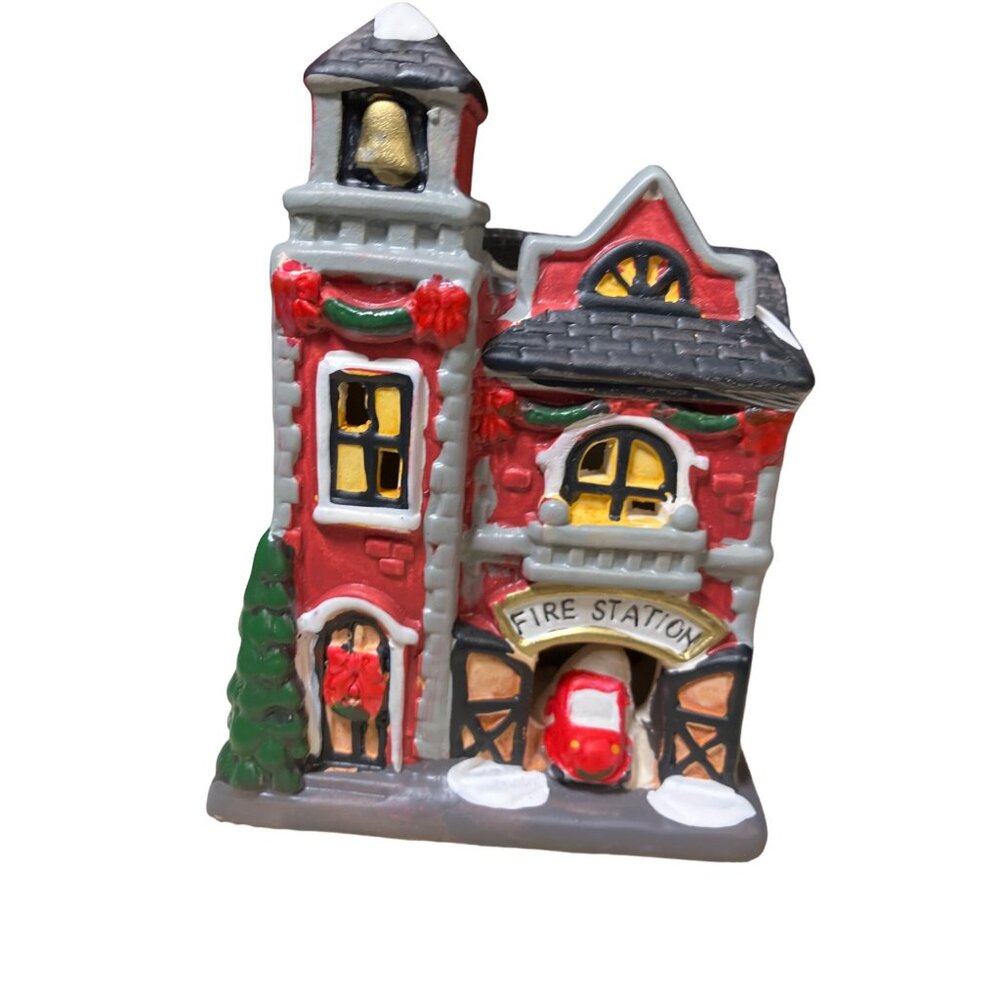 Christmas Village Mini Fire house Ceramic Building